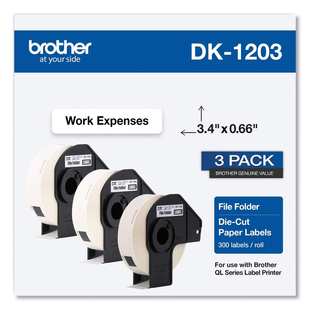 Brother Genuine DK-12033PK Die-Cut File Folder Labels, Long Lasting Reliability, 300 Labels Per Roll, (3) Rolls per Box, White (DK12033PK) 3 Rolls