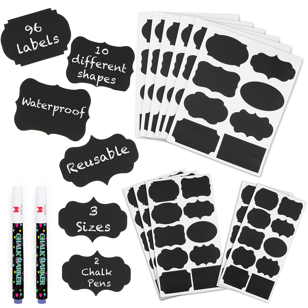 Mantah Chalkboard Label Stickers 96pcs - 9 Assorted Shapes in 3 sizes with 2 Erasable White Chalk Markers, Reusable Waterproof Chalk Labels for Storage Bins, Labels for Food Containers, Sticker Labels