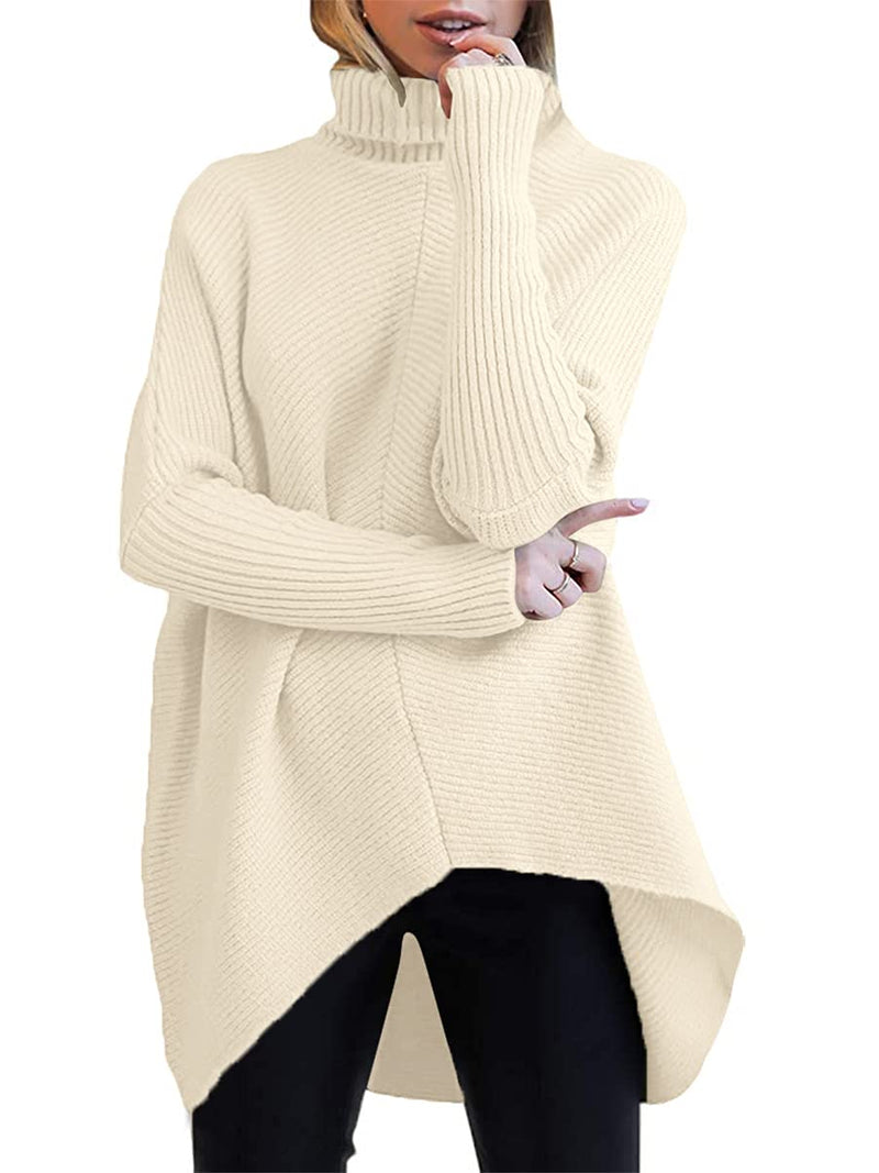 ANRABESS Womens Turtleneck Long Batwing Sleeve Asymmetric Hem Casual Pullover Sweater Knit Tops Apricot X-Small