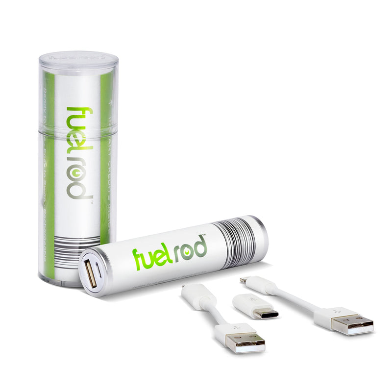 FuelRod Portable Charger Kit - Pack of 2 - Includes All Cables & Adapters Compatible with All Tablets & Smart Phones, Rechargeable Backup Power Bank, Swap for Charged Rod at Kiosk White