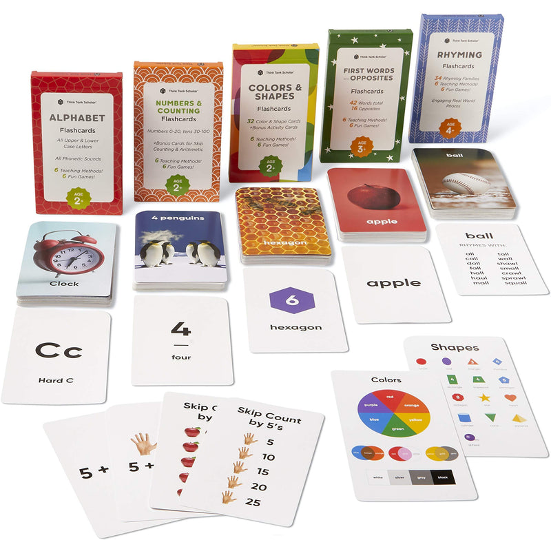 Think Tank Scholar Preschool Flash Cards Bundle - Alphabet (ABC) Letters, Math Numbers & Counting, Colors & Shapes, First Words & Opposites, & Rhyming for Toddlers Ages 2-6