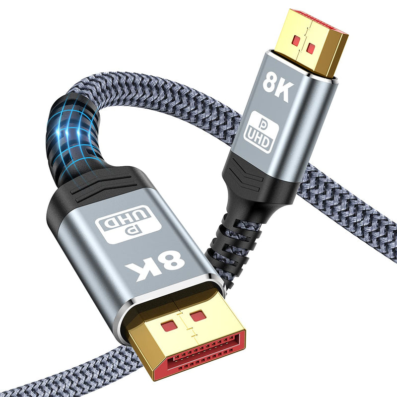 VESA Certified 8K DisplayPort Cable 6.6FT, Capshi DP 1.4 Cable Nylon Braided/Aluminum Alloy(4K@144Hz,8K@60Hz) Computer Accessories Cable for Laptop PC TV etc-Gaming Monitor (Grey) 6.6 Feet Grey