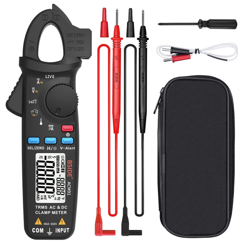 BSIDE DC Clamp Meter 1mA Current True RMS Auto-Ranging 6000 Counts Digital Multimeter Hz Temp Cap Ohm Live Check V-Alert Low Impedance Voltage Tester with Back Clip Black