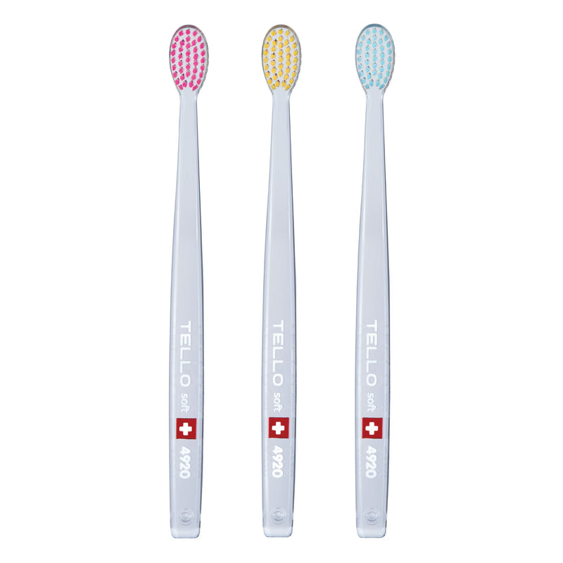 Tello 4920 Adult Soft Swiss Toothbrush for Gentle Cleaning with Ergonomic Handle, 3 Count