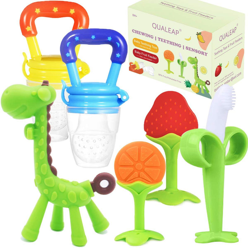 Teething Toys for Babies 0-6 Months 6-12 Months - Teethers with 2 × Baby Fruit Feeders and 4 × Baby Teether - BPA Free / Freezer Free - Different Soft Textures for Infant and Toddlers (Green) Green