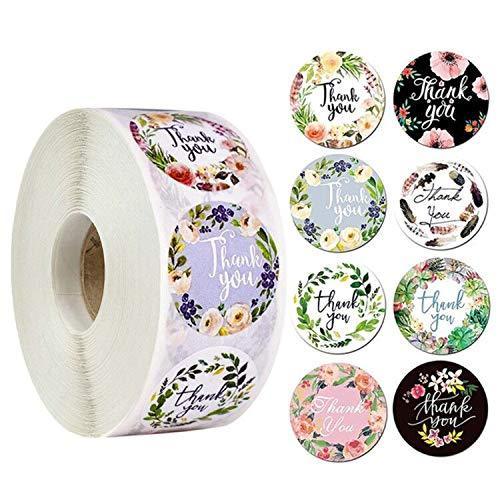 1.5 Inch Thank You Stickers Roll, 8 Flower Designs,Thank You Stickers Labels Roll for Business Favors Birthday Gift Bags Baby Shower Wedding, 500 Labels 1 Roll 1.5 inch Multicolor