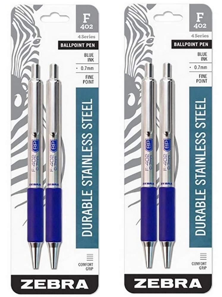 (2) Zebra F-402 Ballpoint Stainless Steel Retractable Pen, Fine Point, 0.7mm, Blue Ink, 2-Count (29222)