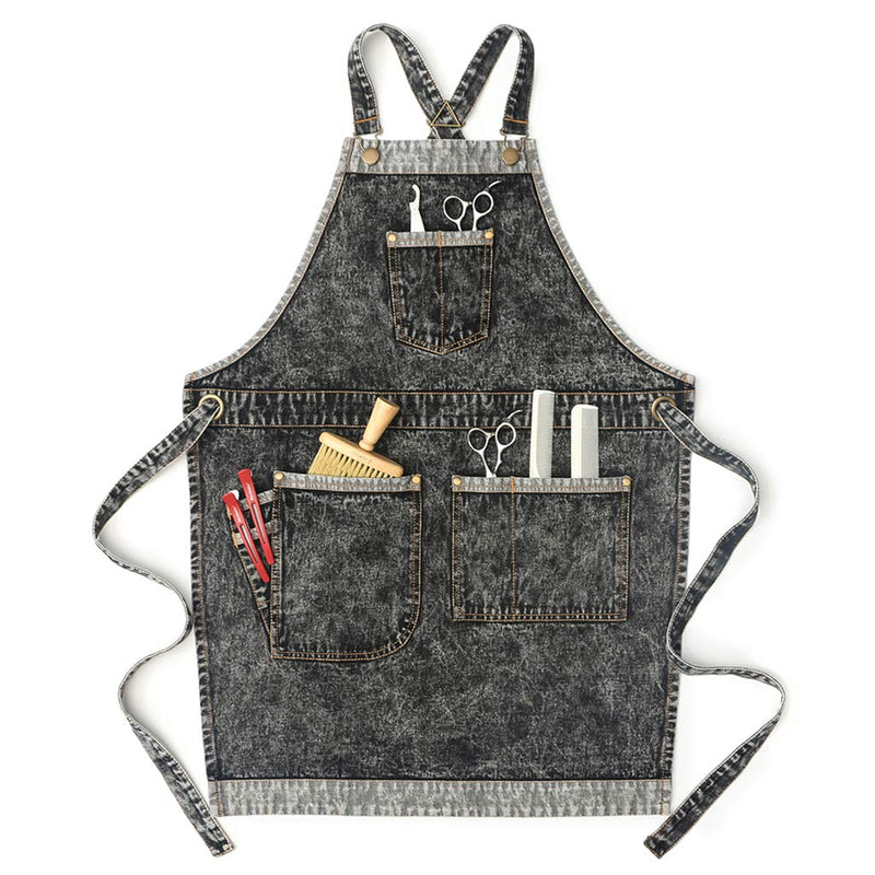 Jeanerlor - Denim Hair Stylist Tool Apron with Pockets for Women - Jean Work Apron Cross Straps & Adjustable S to M (Black) Medium Black
