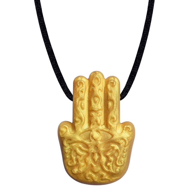 Munchables Hamsa Hand Sensory Chew Necklace - Sensory Chewable Jewelry for Adults, Teens and Kids (Gold) Gold