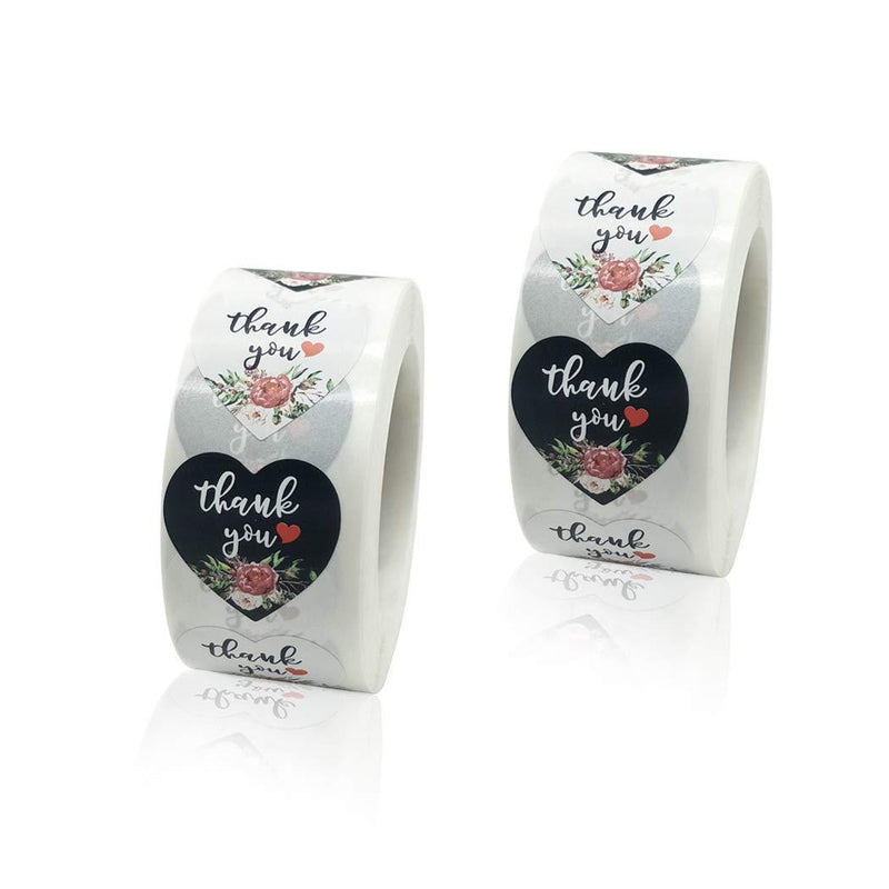 Thank You Stickers, 2 Pack Total 1000pcs 1 Inch Cute Stickers for My Orders Placed Shipping Boxes Small Business Supplies Gift Card Thank You Cool Stickers (Black,White-Heart, 1'')