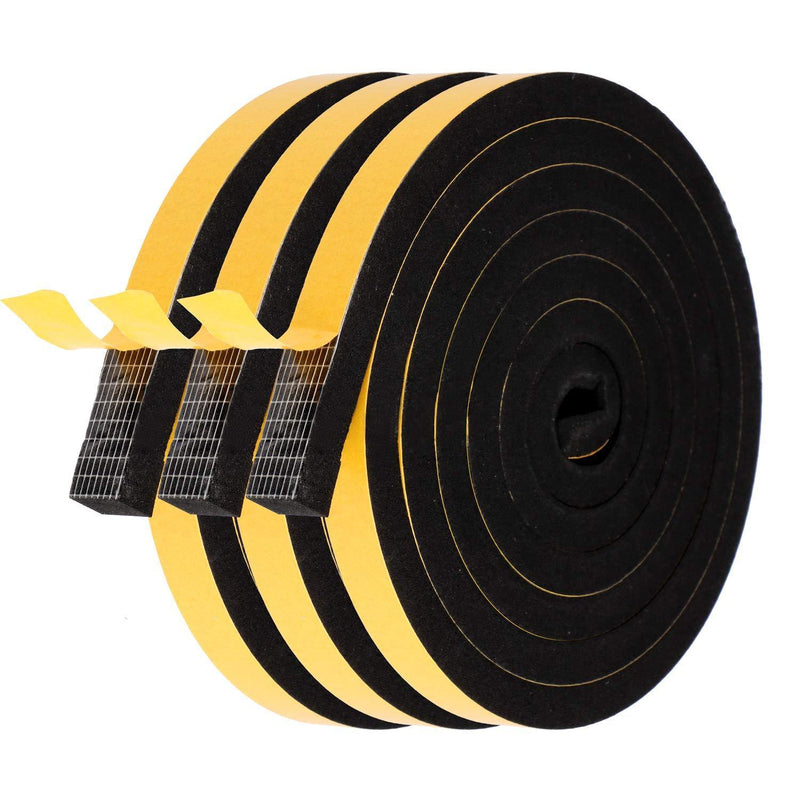 Foam Seal Strip-3 Rolls, 1/2 Inch Wide X 3/8 Inch Thick Total 20 Feet Long, Self Adhesive Weather Stripping for Doors Insulation Soundproofing Closed Cell EPDM Foam Tape Window Seal（6.5ft x 3 Rolls） 1/2" (W) x 3/8" (T) x 20' (L)