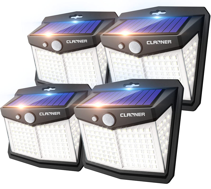 CLAONER Solar Lights Outdoor, [128 LED/4 Packs] Solar Motion Sensor Lights 3 Working Modes Outdoor Lights with 270 Degree Wide Angle Wireless IP65 Waterproof Solar Security Lights for Yard Garage Deck 4 Packs