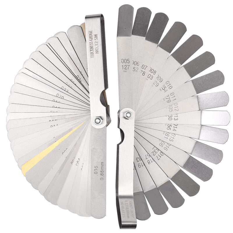 CAMWAY 2Pcs Feeler Gauge Set Stainless Steel Metric/Inch 32 Straight Blade Steel Feeler Gauge,16pcs Feeler Gauge and 45º Blades Offset for Measuring Gap Width/Thickness Measuring Tools Straight&45º Blades Offset