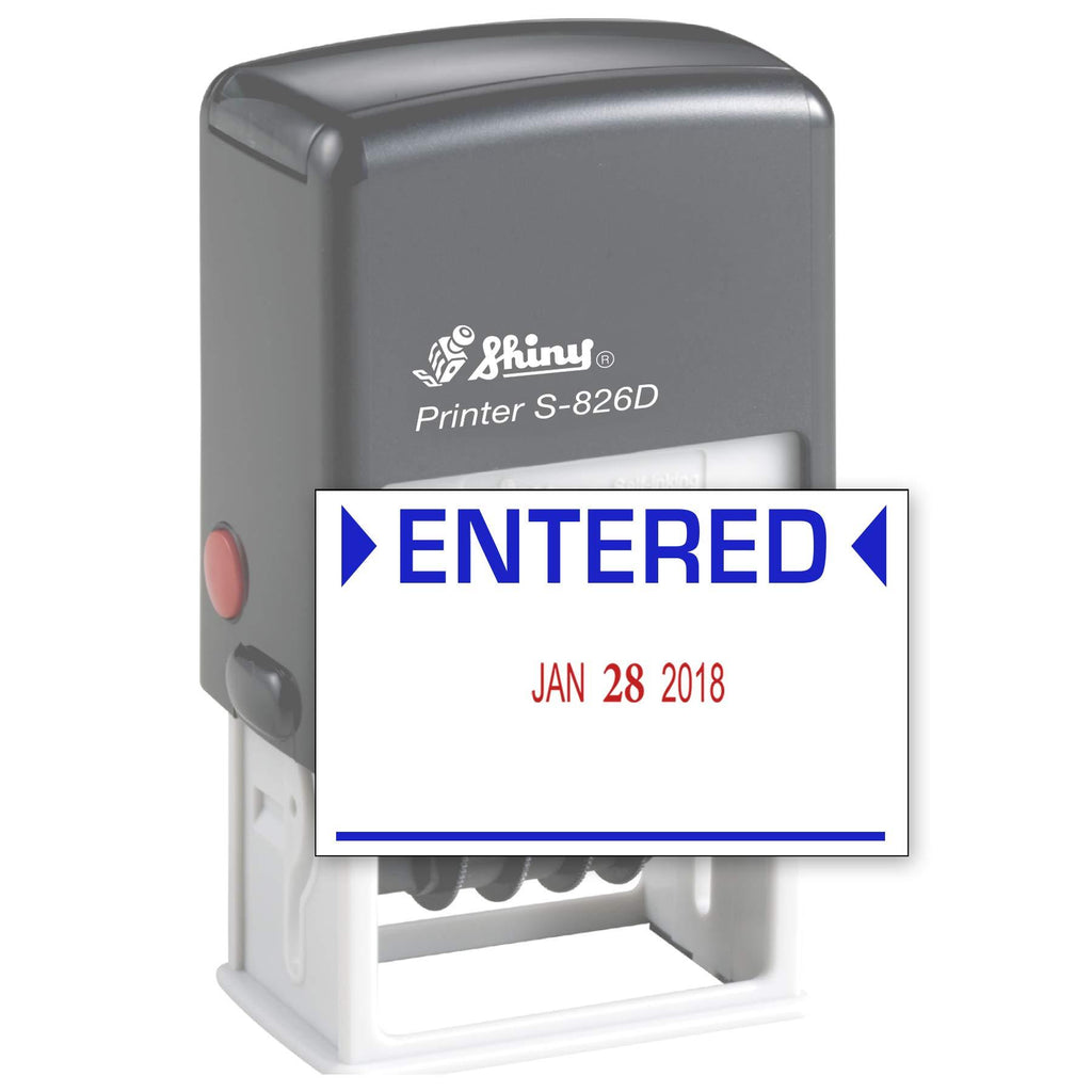 Shiny Date Stamp 2-Color self Inking Stamp with Entered - Arrow Style (S2), Blue/Red Ink