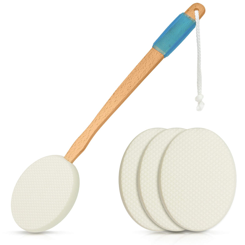 RMS 17.5" Long Lotion Applicator with 4 Pads - Long Handle for Easy Reach and Self Application of Body Wash - Shower Brush for Both Men and Women (Travel Bag Included)