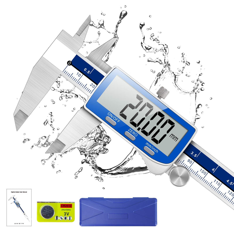 Qfun Digital Caliper, 0-6inch Caliper Measuring Tool Extreme Accuracy IP54 Waterproof Electronic Vernier Caliper Stainless Steel Digital Micrometer with Extra Large LCD Screen IP54-Blue