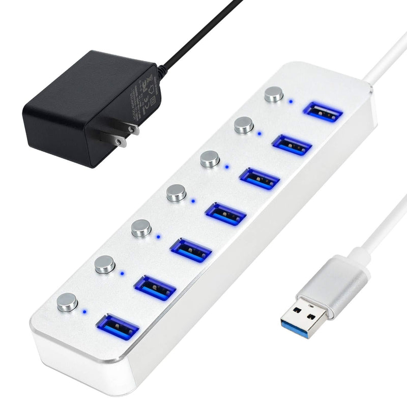 TCNEWCL 7-Port Powered USB 3.0 Hub, Aluminum Data Hub Splitter with Individual Switches and 5V/2A Power Adapter for PC Laptop silver