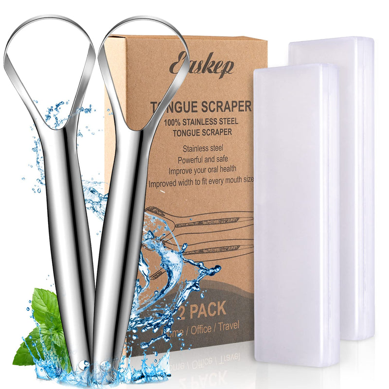 2Pack Tongue Scraper Cleaner for Adults - Easkep Fights Bad Breath 100% Stainless Steel Tongue Scrapers Cleaners with Travel Case Professional Tongue Cleaners for Adults Men Women Kids