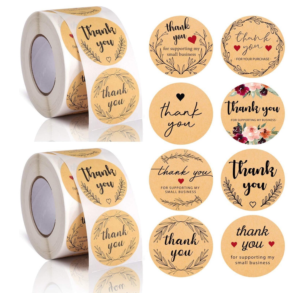 Avamie 1000PCS Kraft Thank You Stickers Rolls, 1.5 ich Thank You for Supporting My Small Business Stickers, 8 Unique Designs, Kraft Thank You Stickers Small Business, 2 Rolls