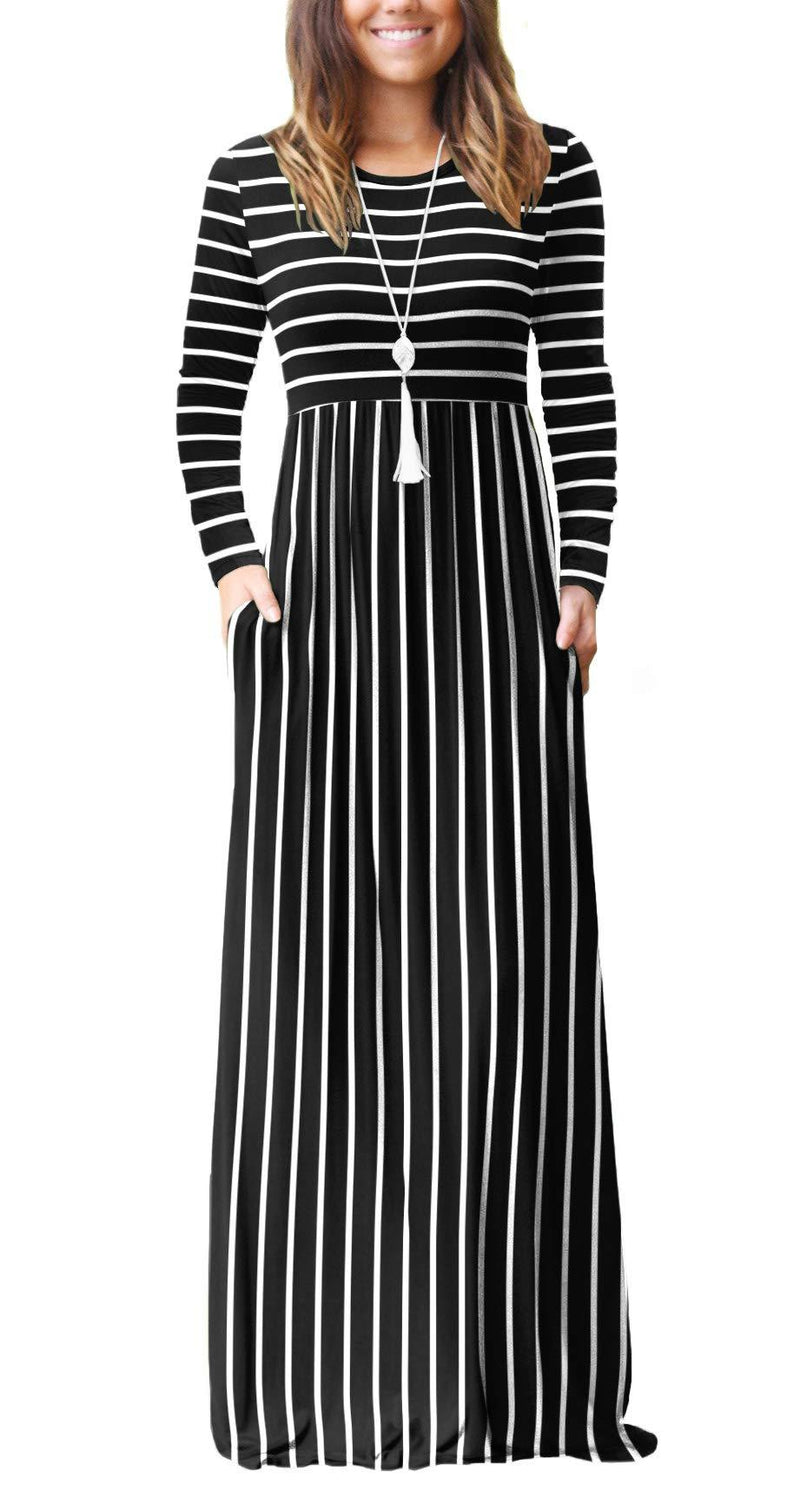 DEARCASE Women Long Sleeve Loose Plain Maxi Pockets Dresses Casual Long Dresses Small 1-black Striped