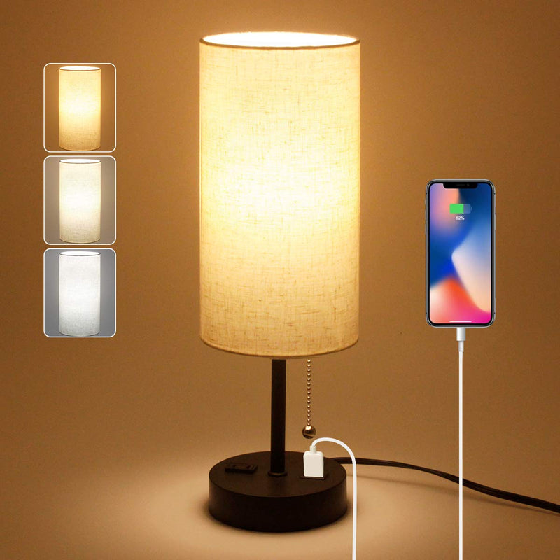 USB Bedside Table Lamp, 2700K 4000k 5000K Nightstand Lamp with Pull Chain, Bedside Lamp with USB Port & AC Outlet, Table Lamps for Bedrooms Living Room, Bulb Included, Fabric Linen Lamp Shade, 1PK Black