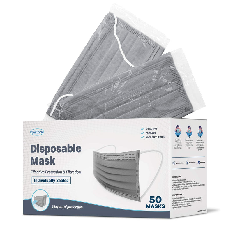 WeCare Adult Disposable Face Mask Individually Wrapped - 50 Pack, Colored Face Masks Gray