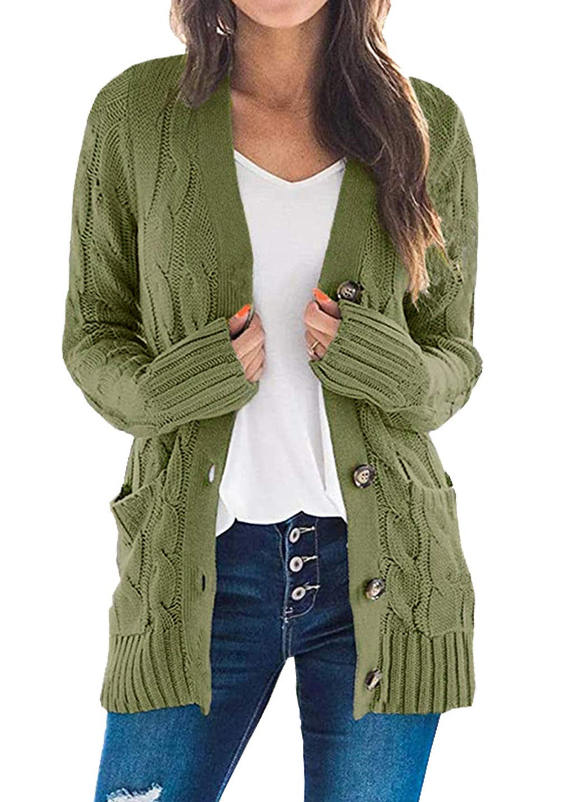 PRETTYGARDEN Womenâ€™s Long Sleeve Open Front Knitted Cardigan Sweater Button Down Chunky Outwear Coat Army Green Small
