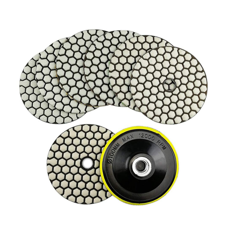 SHDIATOOL Dry Diamond polishing Pads 4 Inch Set of 7 Pieces Plus a Plastic Backer for Granite Marble Stone Quartz Tiles Mixed Grits+P Backer