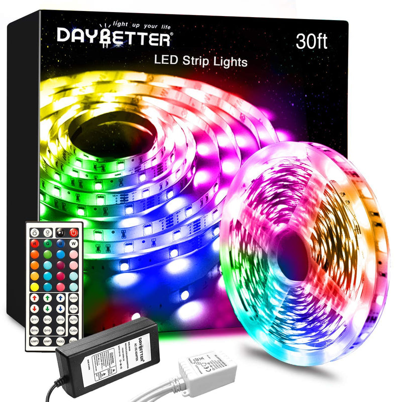 DAYBETTER Led Lights 30ft, Led Strip Lights with Remote and Power Supply Flexible, RGB Color Changing Led Lights for Bedroom Kitchen Home Party M