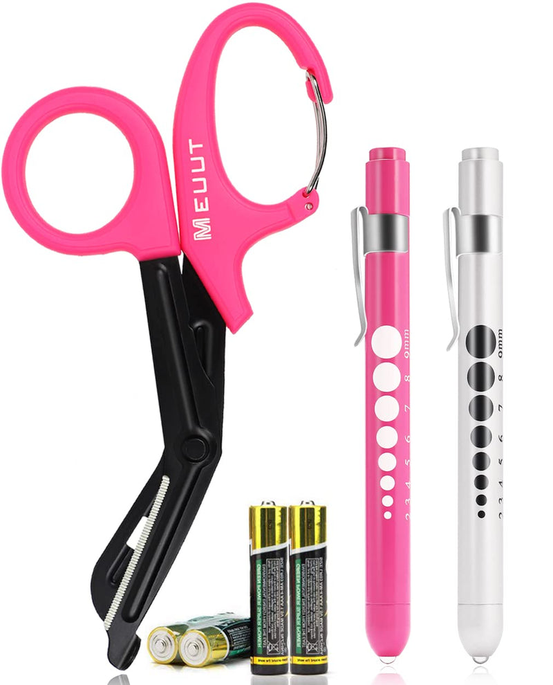 MEUUT 3 Pack Penlights for Nurses & Medical Scissors-Two LED Medical Penlights with Pupil Gauge, One 7.5" EMT Trauma Shears Bandage Scissor with Carabiner-Medical Supplies for Nurse Doctor EMT Rose Red Shear+Rose Red&Silver Penlights