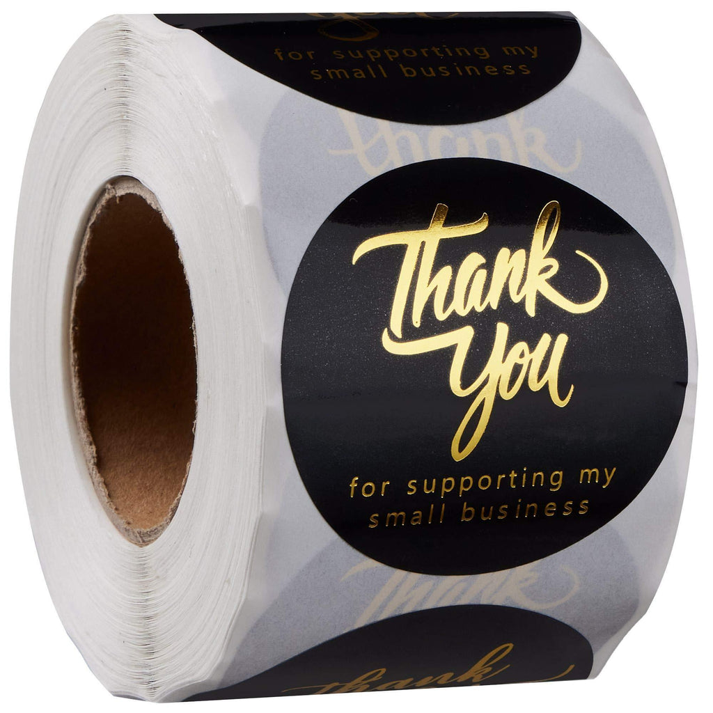 Thank You Stickers Small Business - 2” Round Labels with 4 Designs –Stickers Roll with Gold Font Thank You - Waterproof Packaging for Business Boutiques Retailers – 500 Label Roll (Black) Black