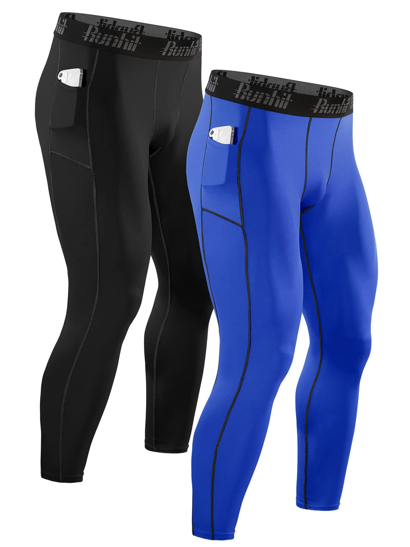 Runhit Compression Pants Men Leggings Pocket Running Tights Athletic Base Layer 2 Pack Pocket :Black&blue Small