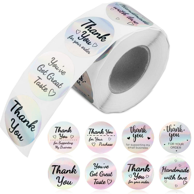 Lainrrew 500 Pcs Thank You Label Stickers Roll, 1.5" Holographic Stickers for Business Gift Wrapping, Ideal for Online Sales & Shops