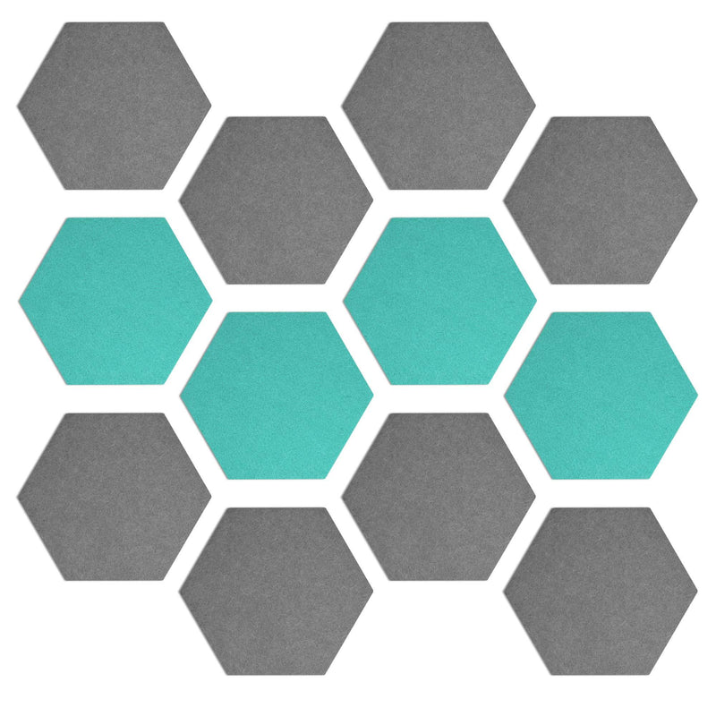 Navaris Hexagon Felt Board Tiles - Set of 12 Notice Memo Bulletin Boards with Push Pins and Double-Sided Tape 5.9" x 6.7" - Dark Gray, Turquoise Dark Grey, Turquoise