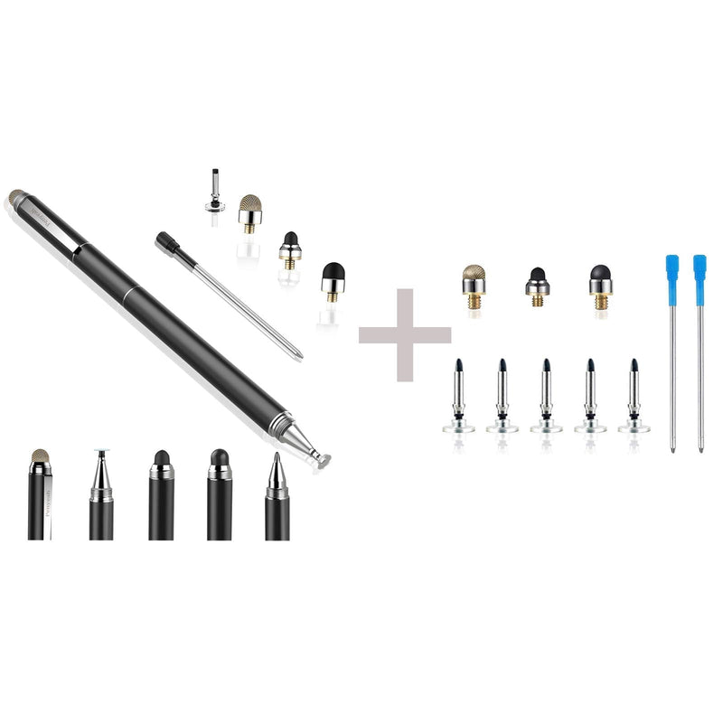 Penyeah 4-in-1 Multi Tips Black Stylus Pens for Touch Screens Bundle with Its Whole Set Accessoies Include Blue Refills