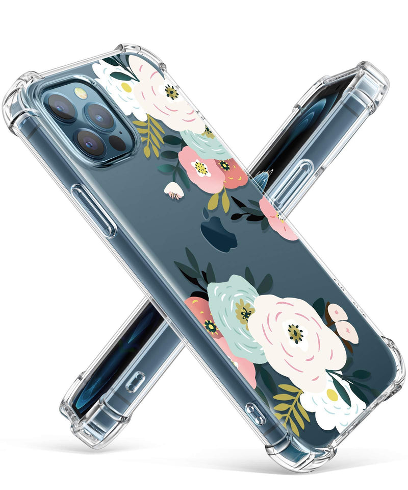 GVIEWIN Case Compatible with iPhone 12 and iPhone 12 Pro 6.1 Inch 2020, Clear Floral Soft & Flexible TPU Shockproof Cover Women Girls Flower Pattern Phone Case (Abundant Blossom/White) Abundant Blossom/White