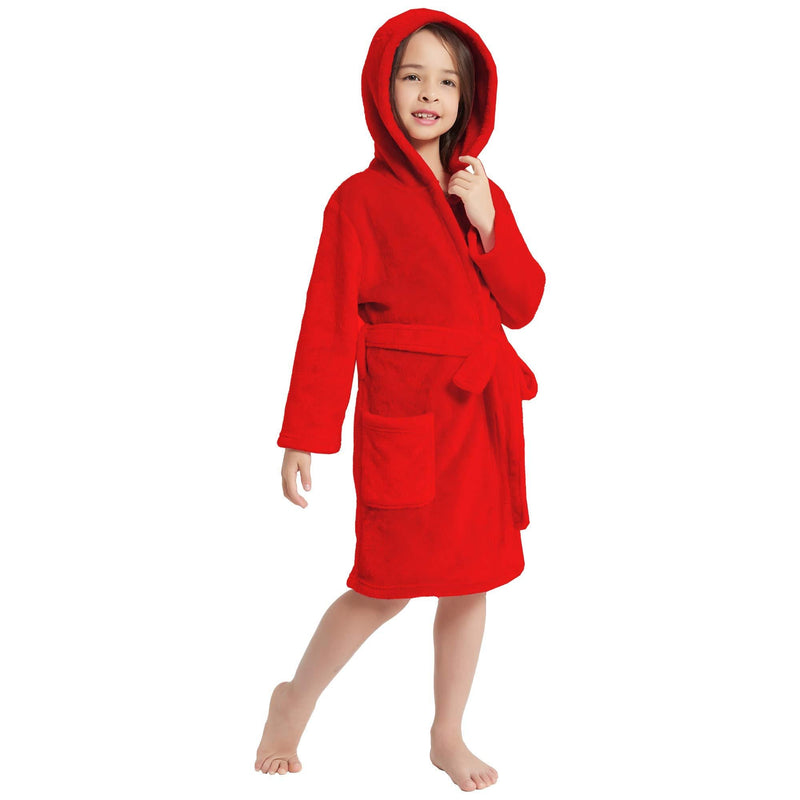 V.&GRIN Boys Girls Fleece Bathrobe, Hooded Toddler Soft Fuzzy Robe for Kids 3-12 Years Coral Red 2-3T