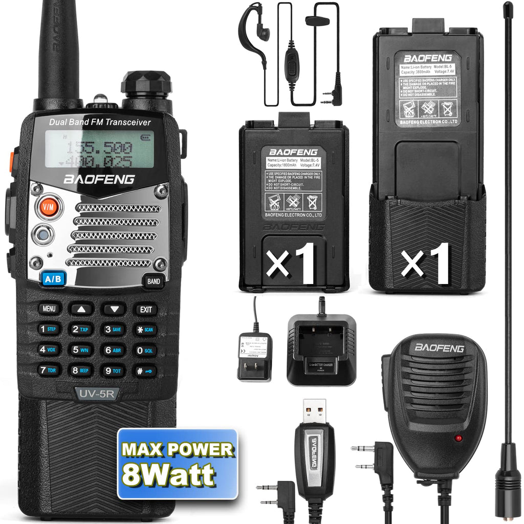 BaoFeng UV-5R 8W Ham Radio Walkie Talkie Dual Band 2-Way Radio with an Extra 3800mAh Battery Handheld Walkie Talkies with Baofeng Hand Mic and Programming Cable 1 Pack