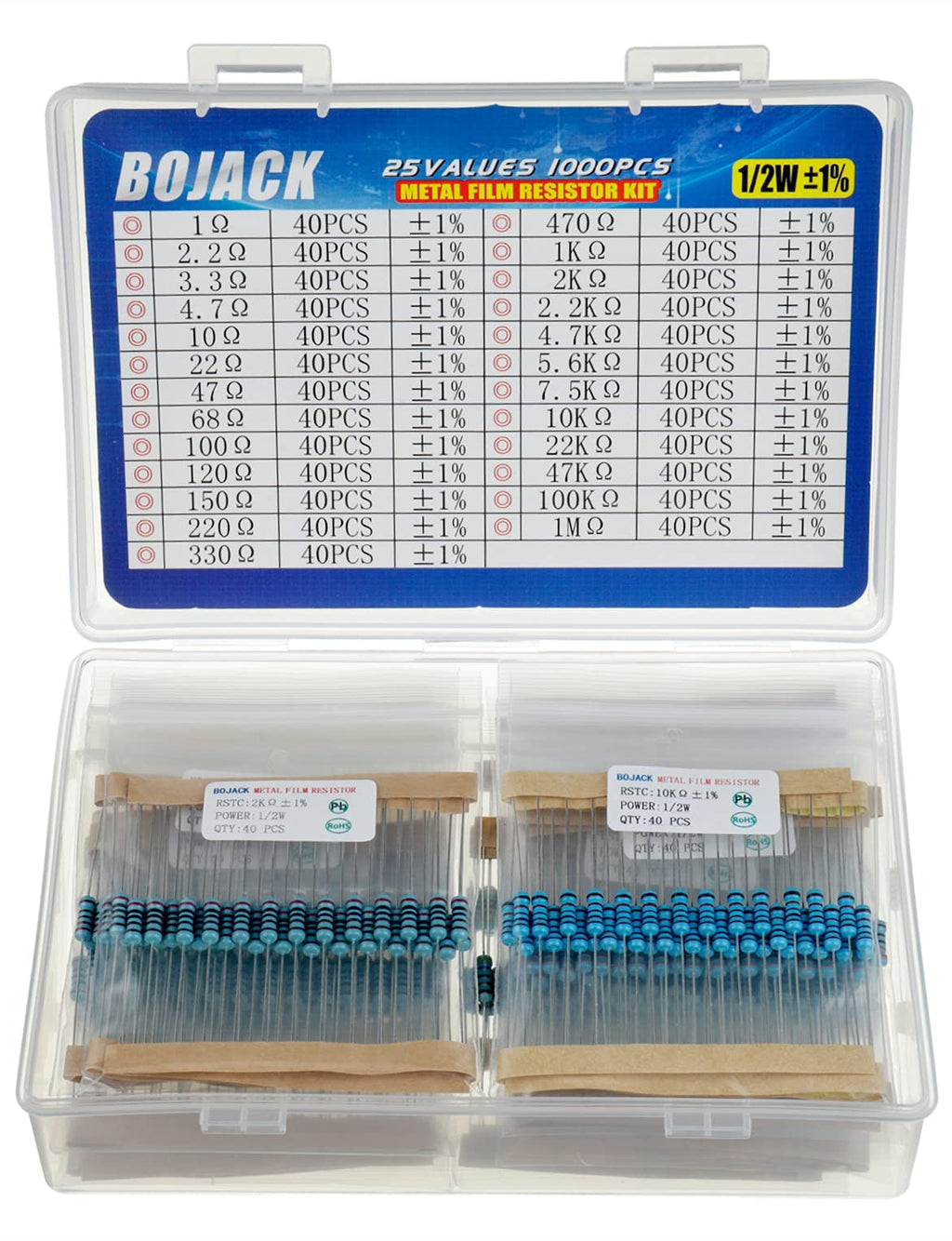 BOJACK 1000 Pcs 25 Values Resistor Kit 1 Ohm-1M Ohm with 1% 1/2W Metal Film Resistors Assortment