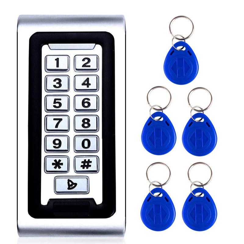 AMOCAM Door Access Control System Stand-Alone Password Keypad + 5PCS Proximity Keychains, Support 2000 Users Card Reader, Waterproof, Backlight, Zinc Alloy Metal Case