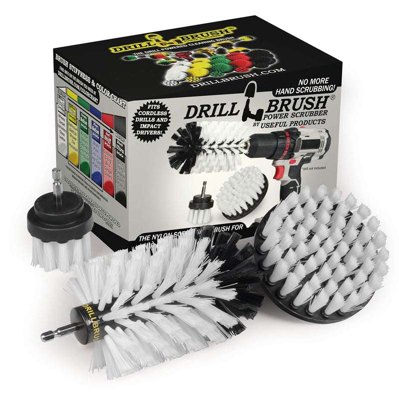Drill Brush Power Scrubber by Useful Products – Drillbrush White 3 Piece Automotive Cleaning kit - upholstery cleaner scrub brush - Car Cleaning Kit - Furniture Cleaner Brush Drill Attachment Set