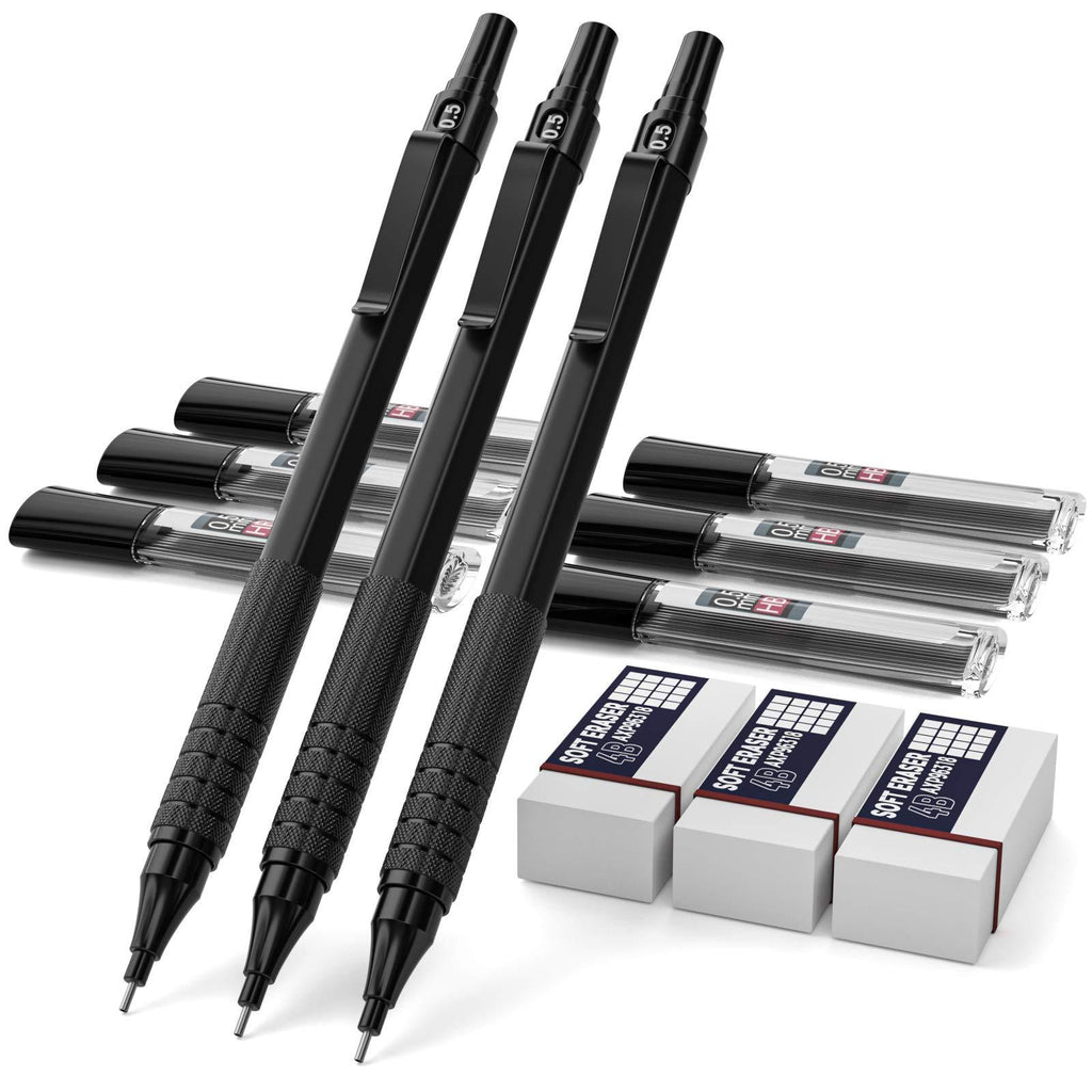 Nicpro 0.5 mm Mechanical Pencils Set with Case, 3 Metal Artist Pencil With 6 Tubes HB Pencil Leads And 3 Erasers For Architect Art Writing Drafting, Drawing, Engineering, Sketching, Black