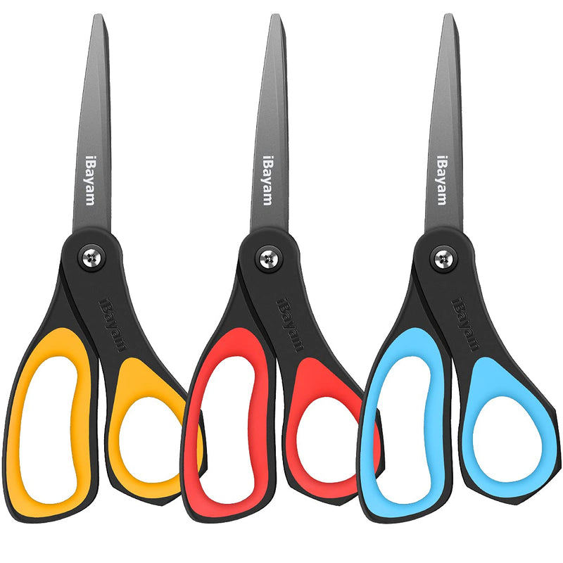 Scissors, iBayam 3 Pack 8" All-Purpose Titanium Non-Stick Scissors, Comfort Grip Sharp Nonstick Scissors for Office School Home General Use Art Craft Classroom DIY Supplies Cutting Tape Adhesive Vinyl Red, Yellow, Blue