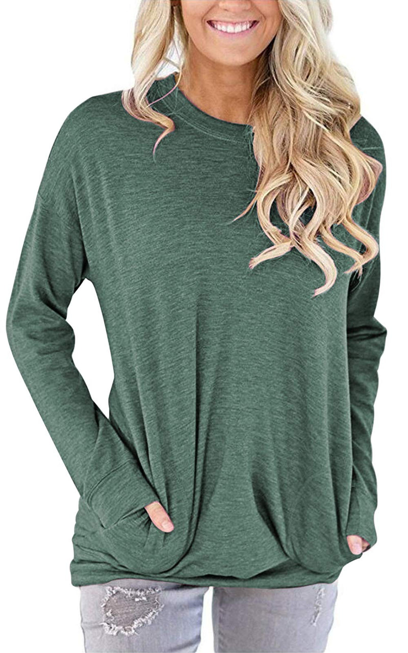 PLOKNRD Women Casual Round Neck Long Sleeve Fit Tunic Top Baggy Comfy Blouse with Pockets Small L Army Green