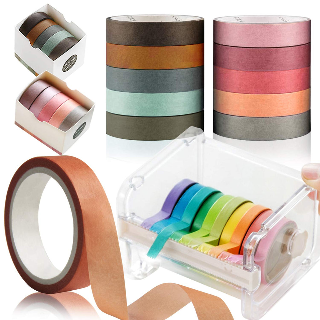 10 Roll Colorful Masking Paper Tapes, Kalolary Masking Tape Set with Washi Tape Dispenser Cutter Writable Tape Roll Office Desktop Transparent Tape Holder Organizer (Cream-Colored) Green+Pink 10 Rolls+cutter