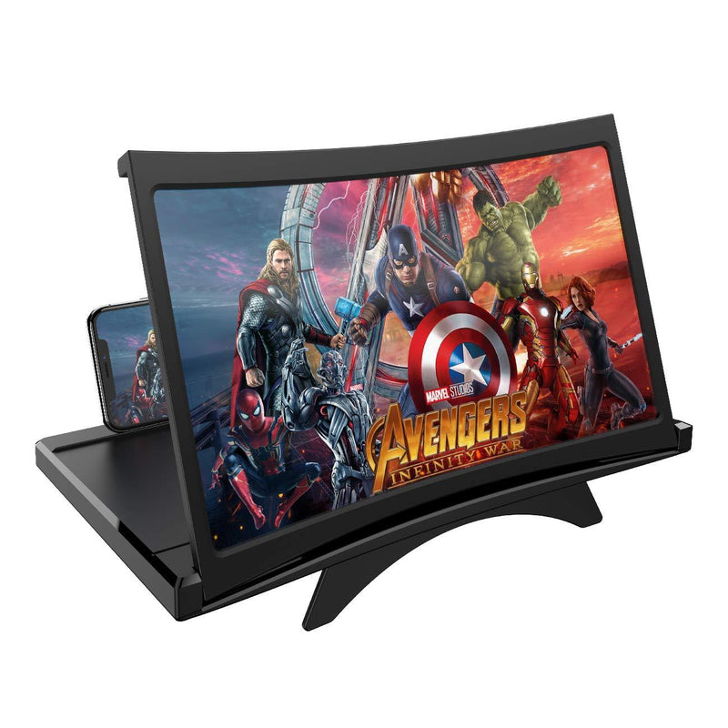 12" Curve Screen Magnifier –3D HD Mobile Phone Magnifier Projector Screen for Movies, Videos, and Gaming–Foldable Phone Stand with Screen Amplifier–Supports All Smartphones (Black) Black