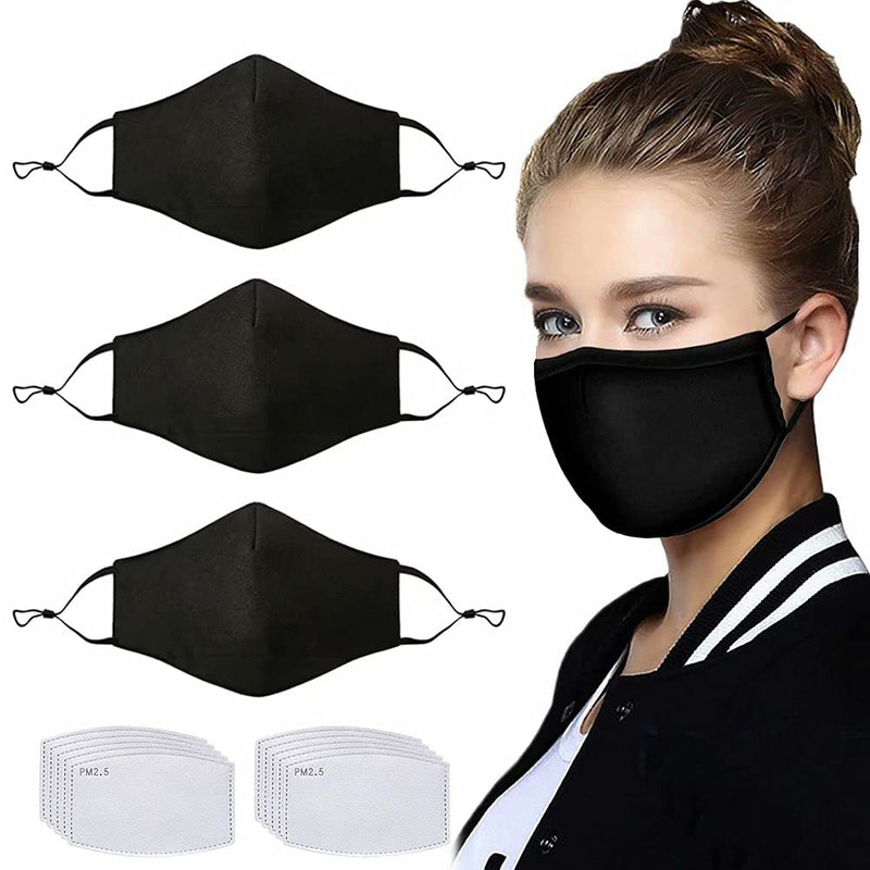 3 Pcs Adult Unisex Reusable Washable Adjustable Face Protection with Filter Pocket and Nose Wire Black Breathable Cotton Dust Cloth with 10Pcs Replacement Carbon Filters for Man and Women 3+10Pcs