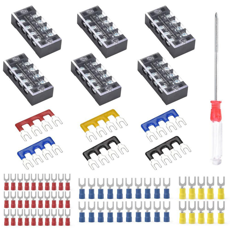 73Pcs(6Sets) Terminal Block Set, 6Pcs 4 Positions 600V 25A Dual Row Screw Terminal Strip Block + 6Pcs Pre-Insulated Terminals Barrier Strip + 60Pcs Insulated Fork Wire Connector by CGele… 25A 4P+6 pcs Jumpers