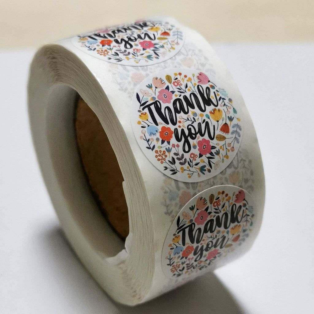 SXFSE 1" Thank You Stickers, Round Sticker Labels with Flower Background, 500 Stickers per Roll for Birthdays, Weddings, Giveaways, Bridal Showers and Perfect for Small Business Owner (A) A