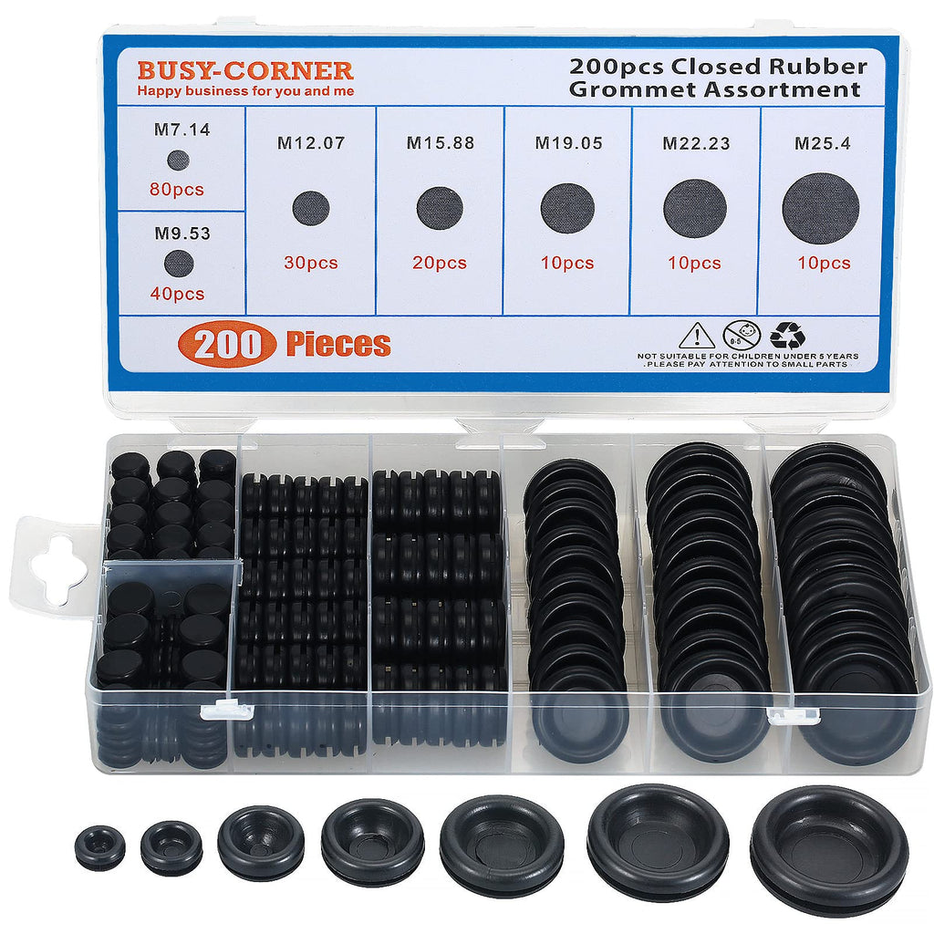 BUSY-CORNER 200 Pieces Closed Rubber Grommet Assortment, 7 Sizes, Firewall Solid Closed Hole Plug for Wire Electrical Appliance Plumbing 200PCS Closed Rubber Grommet Kit